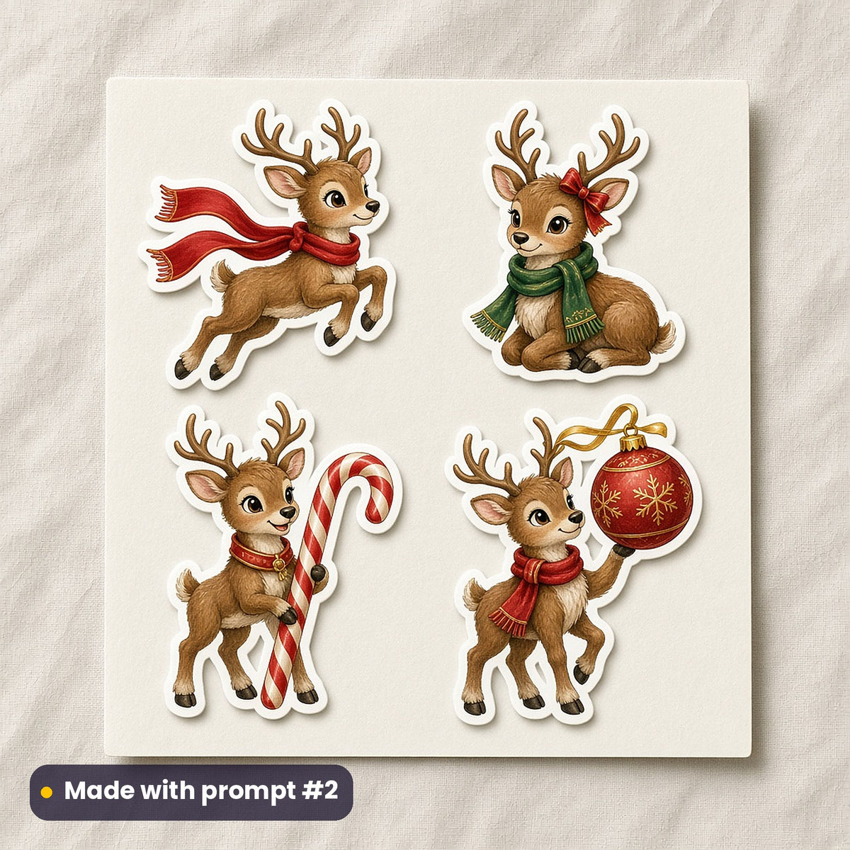 Reindeer Friends artwork on a die-cut vinyl sticker sheet: a sheet of four assets from page p02: playful reindeer, made with prompt #2 from this pack