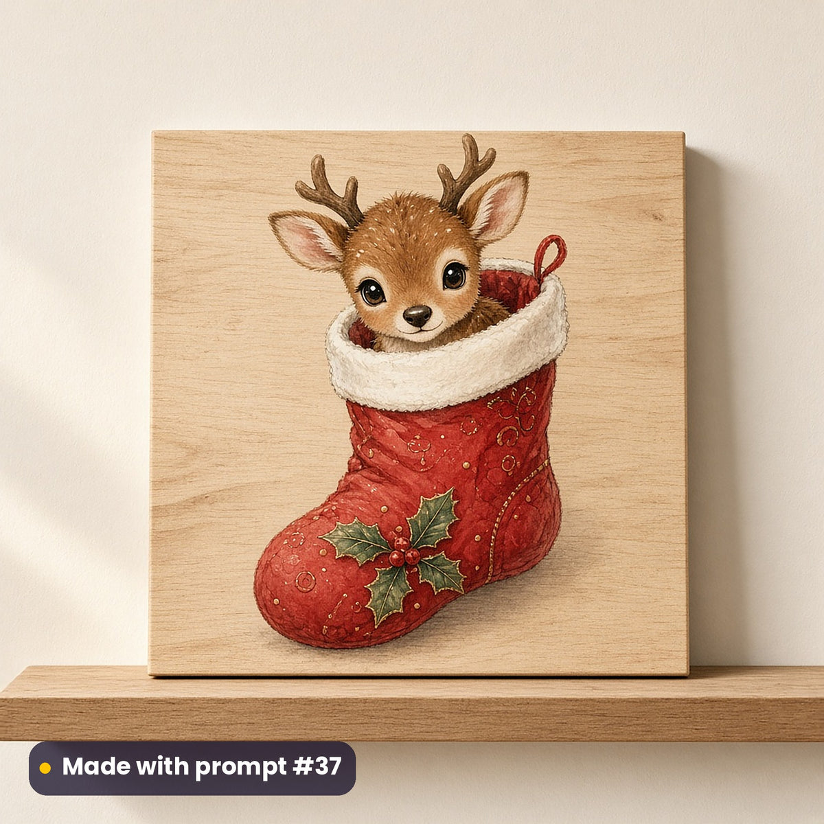 Reindeer Friends artwork on a UV-printed wooden plaque: baby reindeer in stocking, made with prompt #37 from this pack