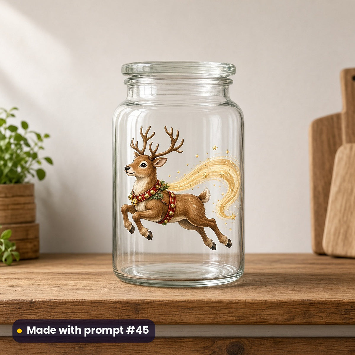 Reindeer Friends artwork on a UV DTF decal on a glass jar: flying reindeer, made with prompt #45 from this pack