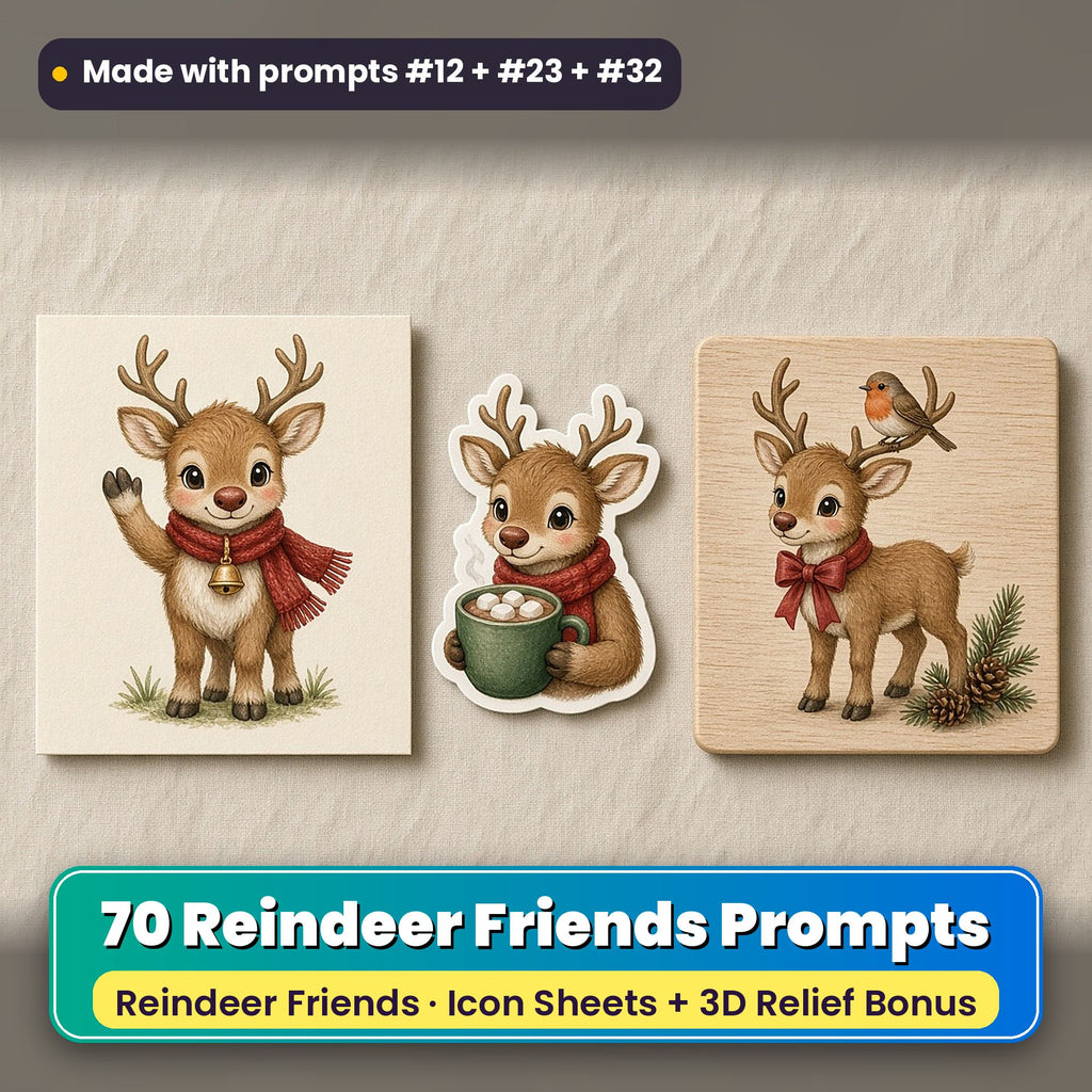 Reindeer Friends Christmas Icon Sheet Prompts: 70 prompts + 3D Relief bonus, with a printed greeting card, sticker and wooden plaque made with prompts #12, #23 and #32