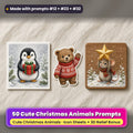 Cute Christmas Animals Icon Sheet Prompts: 50 prompts + 3D Relief bonus, with a printed greeting card, sticker and wooden plaque made with prompts #12, #23 and #32