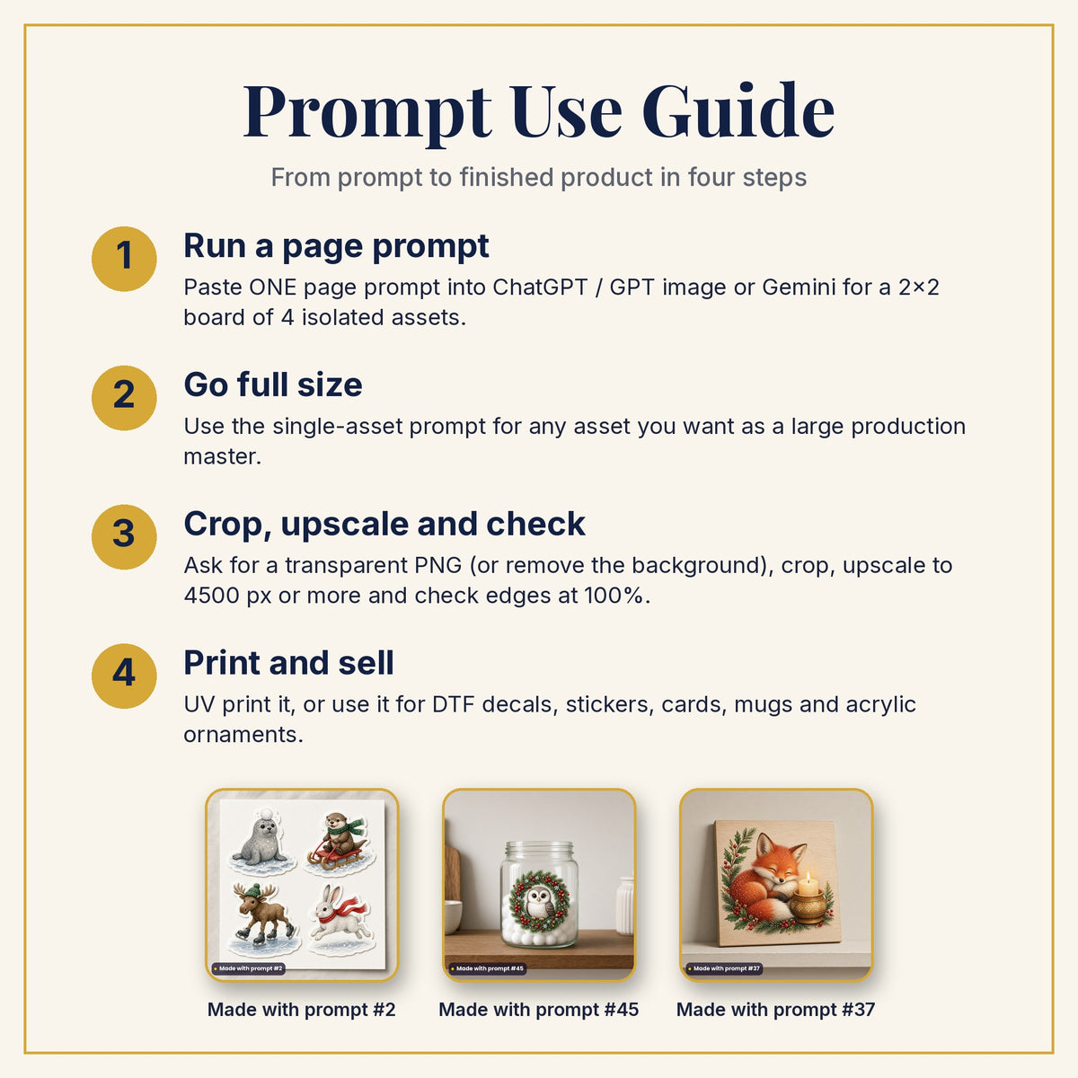 Prompt Use Guide: run a page prompt, go full size, crop and upscale, then print and sell, with products made with prompts #2, #45 and #37