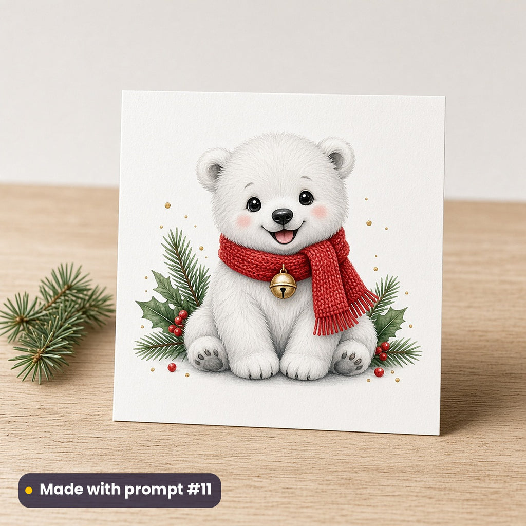Cute Christmas Animals artwork on a flat-printed greeting card: cuddly polar bear cub, made with prompt #11 from this pack