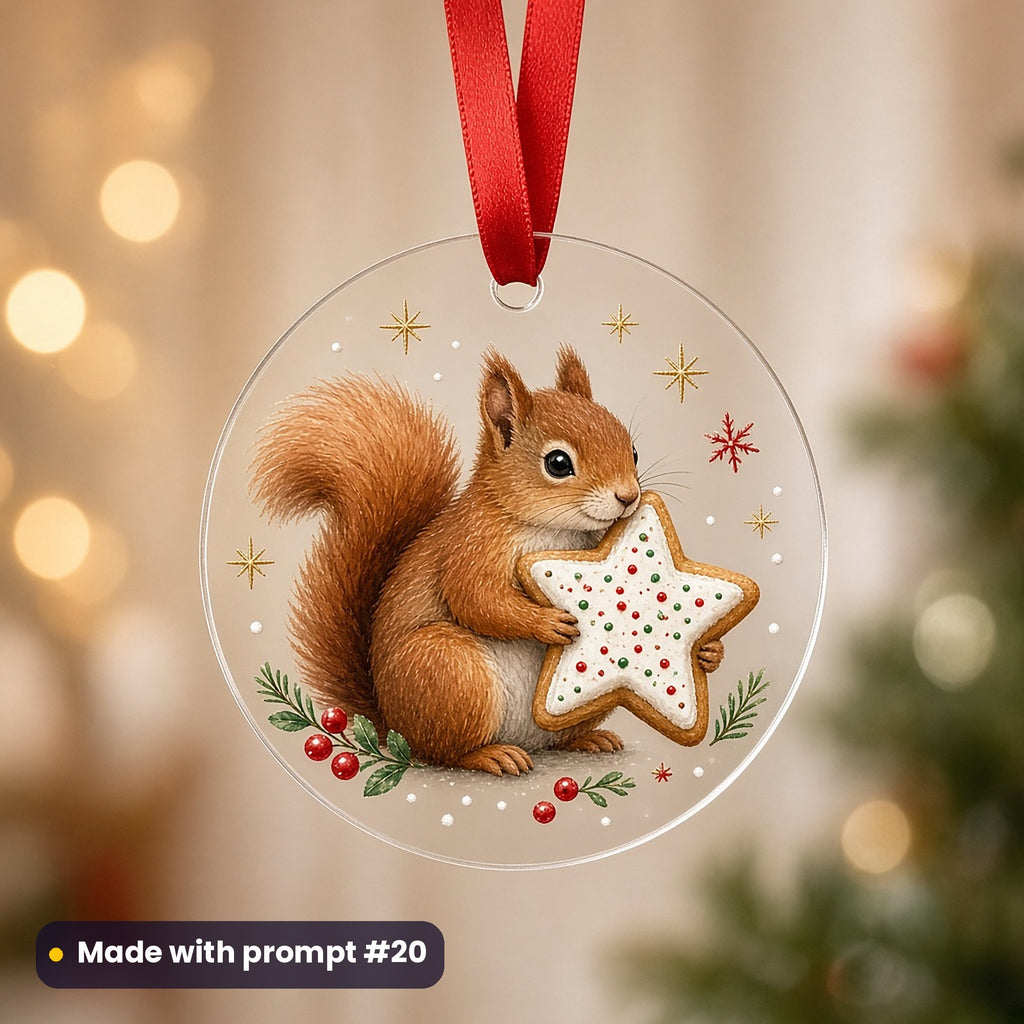 Cute Christmas Animals artwork on a UV-printed clear acrylic ornament: squirrel with acorn cookie, made with prompt #20 from this pack