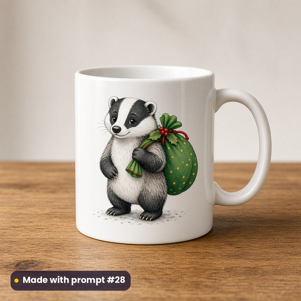 Cute Christmas Animals artwork on a UV-printed ceramic mug: badger with gift sack, made with prompt #28 from this pack