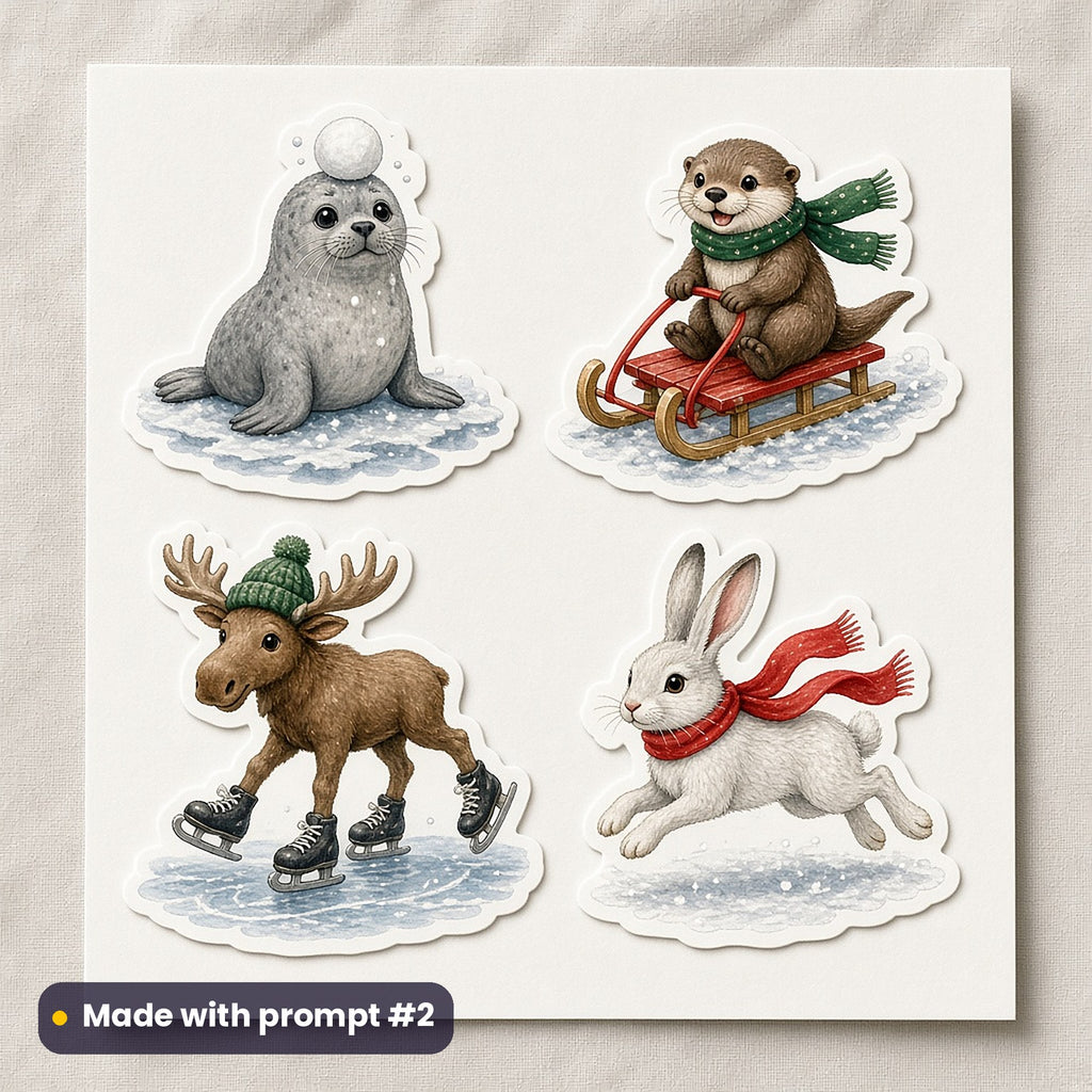 Cute Christmas Animals artwork on a die-cut vinyl sticker sheet: a sheet of four assets from page p02: snow play, made with prompt #2 from this pack