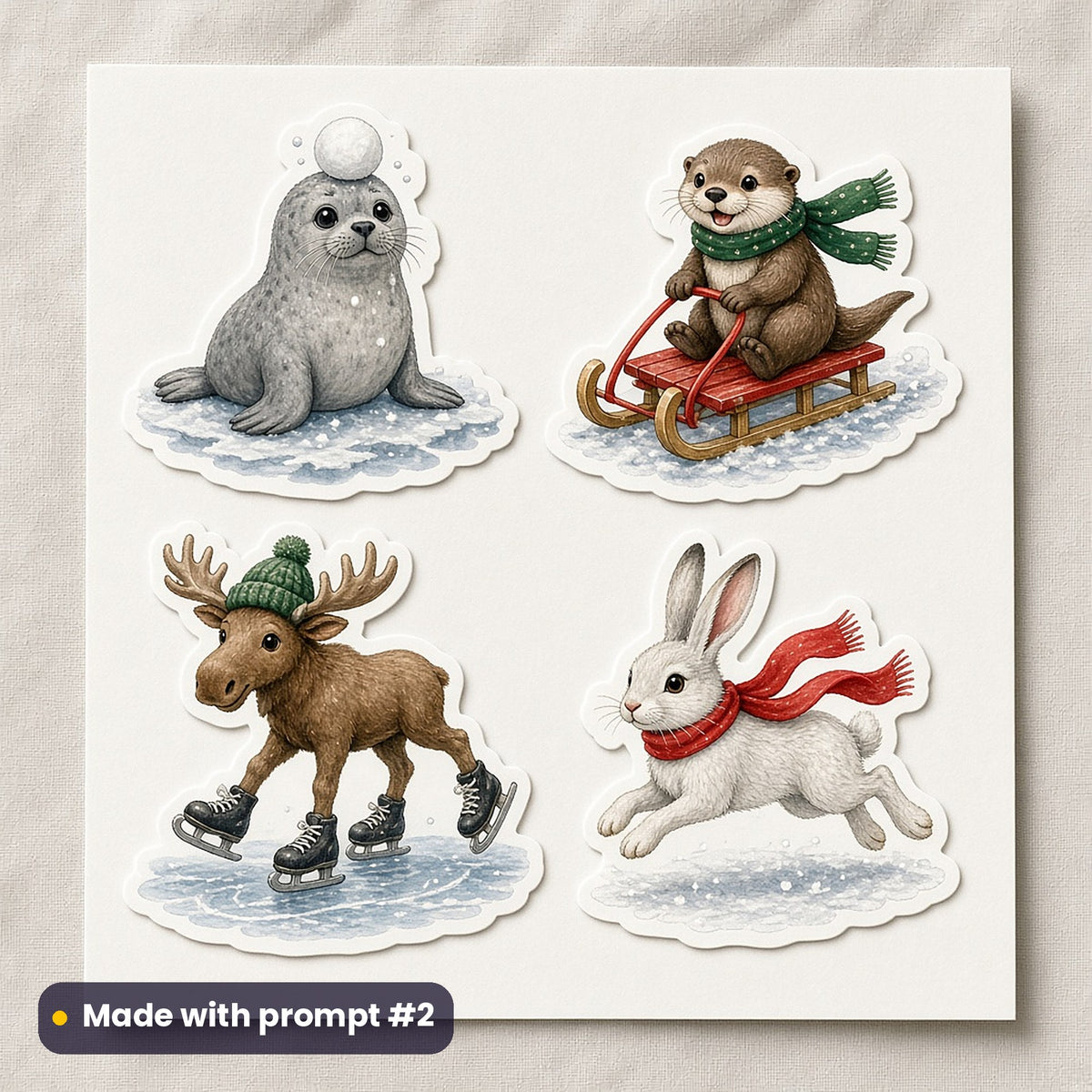 Cute Christmas Animals artwork on a die-cut vinyl sticker sheet: a sheet of four assets from page p02: snow play, made with prompt #2 from this pack