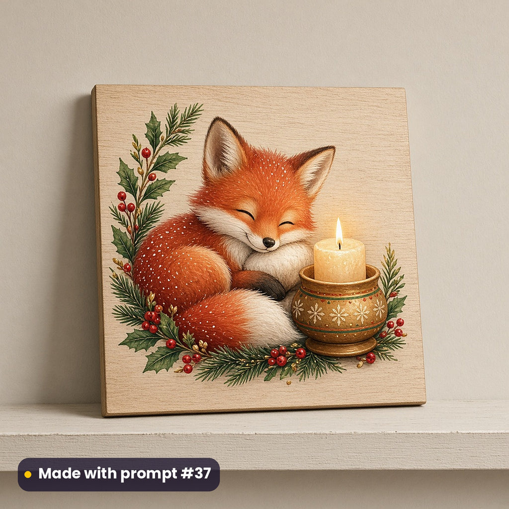 Cute Christmas Animals artwork on a UV-printed wooden plaque: fox cub by a candle, made with prompt #37 from this pack