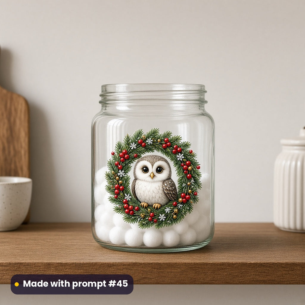 Cute Christmas Animals artwork on a UV DTF decal on a glass jar: owl in a wreath, made with prompt #45 from this pack