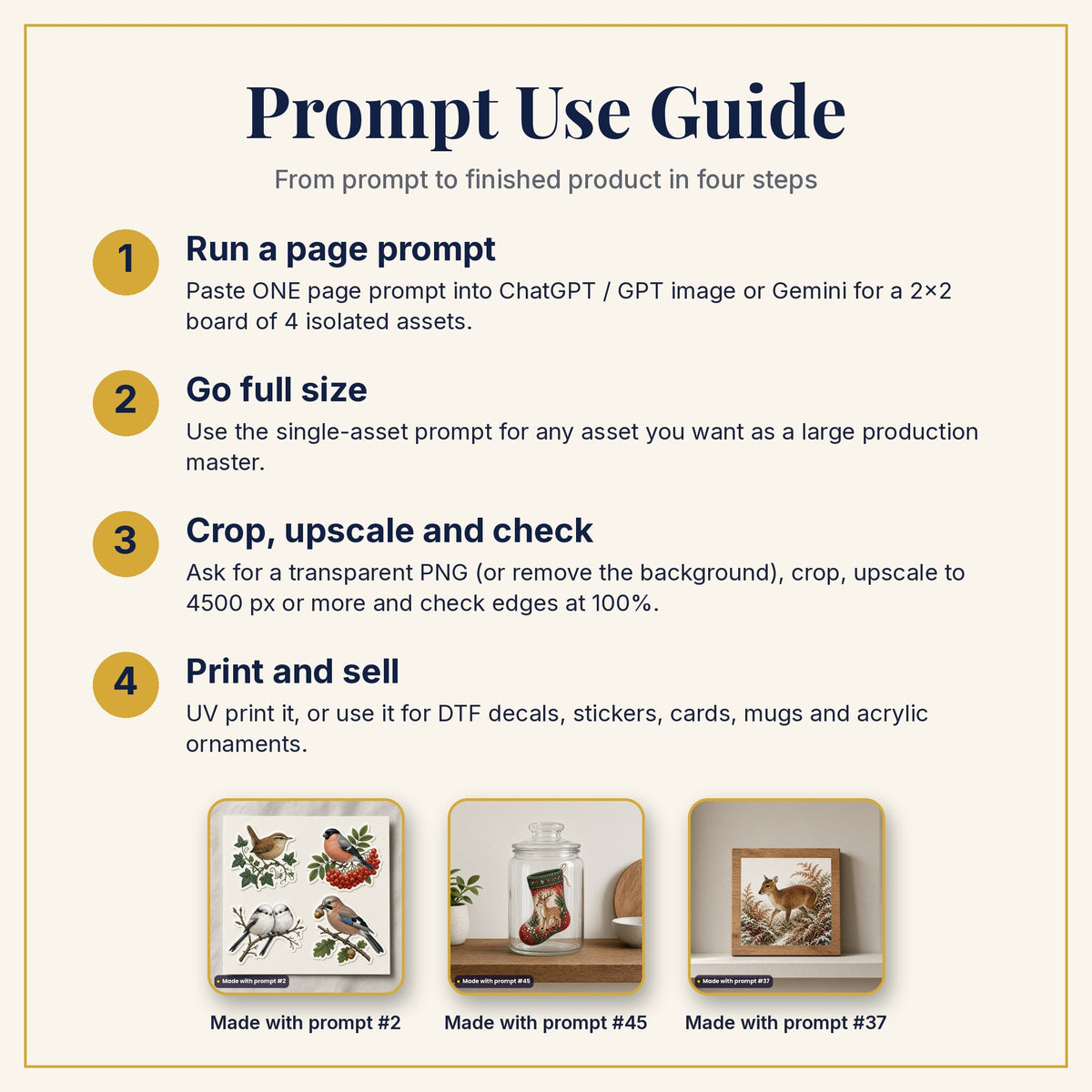Prompt Use Guide: run a page prompt, go full size, crop and upscale, then print and sell, with products made with prompts #2, #45 and #37