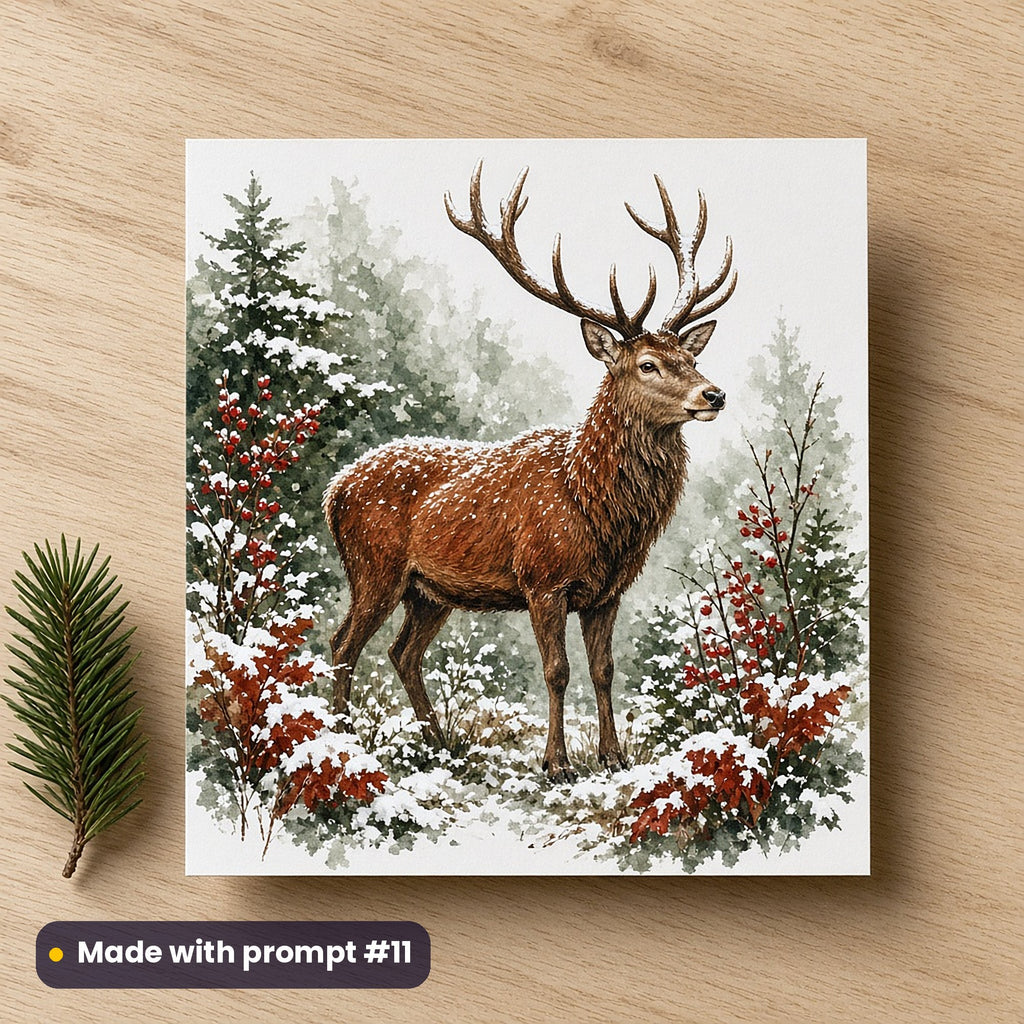 Woodland Christmas artwork on a flat-printed greeting card: red deer stag, made with prompt #11 from this pack