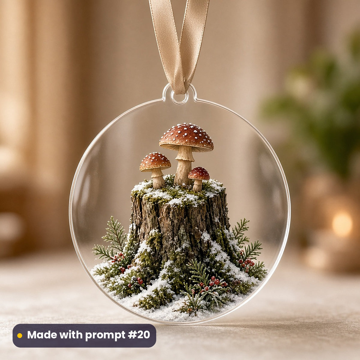 Woodland Christmas artwork on a UV-printed clear acrylic ornament: mossy stump with mushrooms, made with prompt #20 from this pack