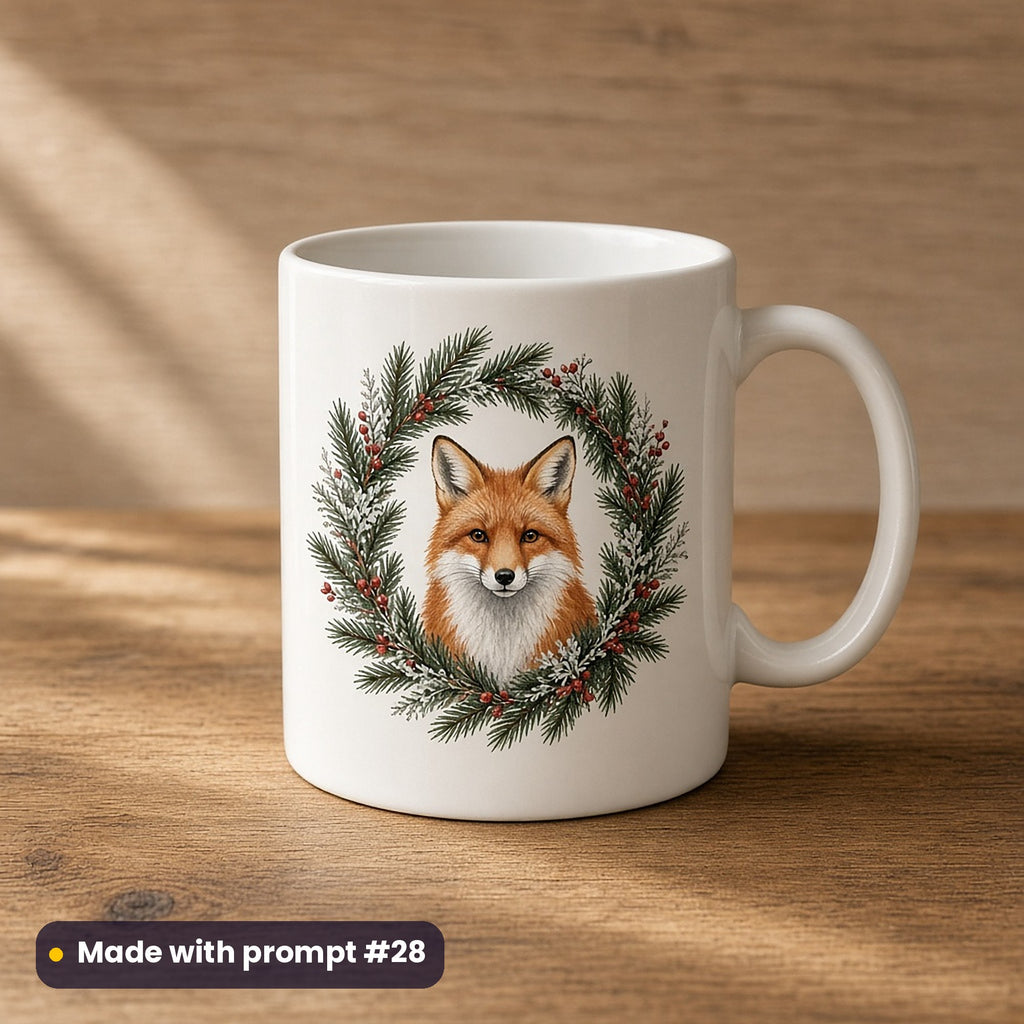 Woodland Christmas artwork on a UV-printed ceramic mug: fox head wreath, made with prompt #28 from this pack