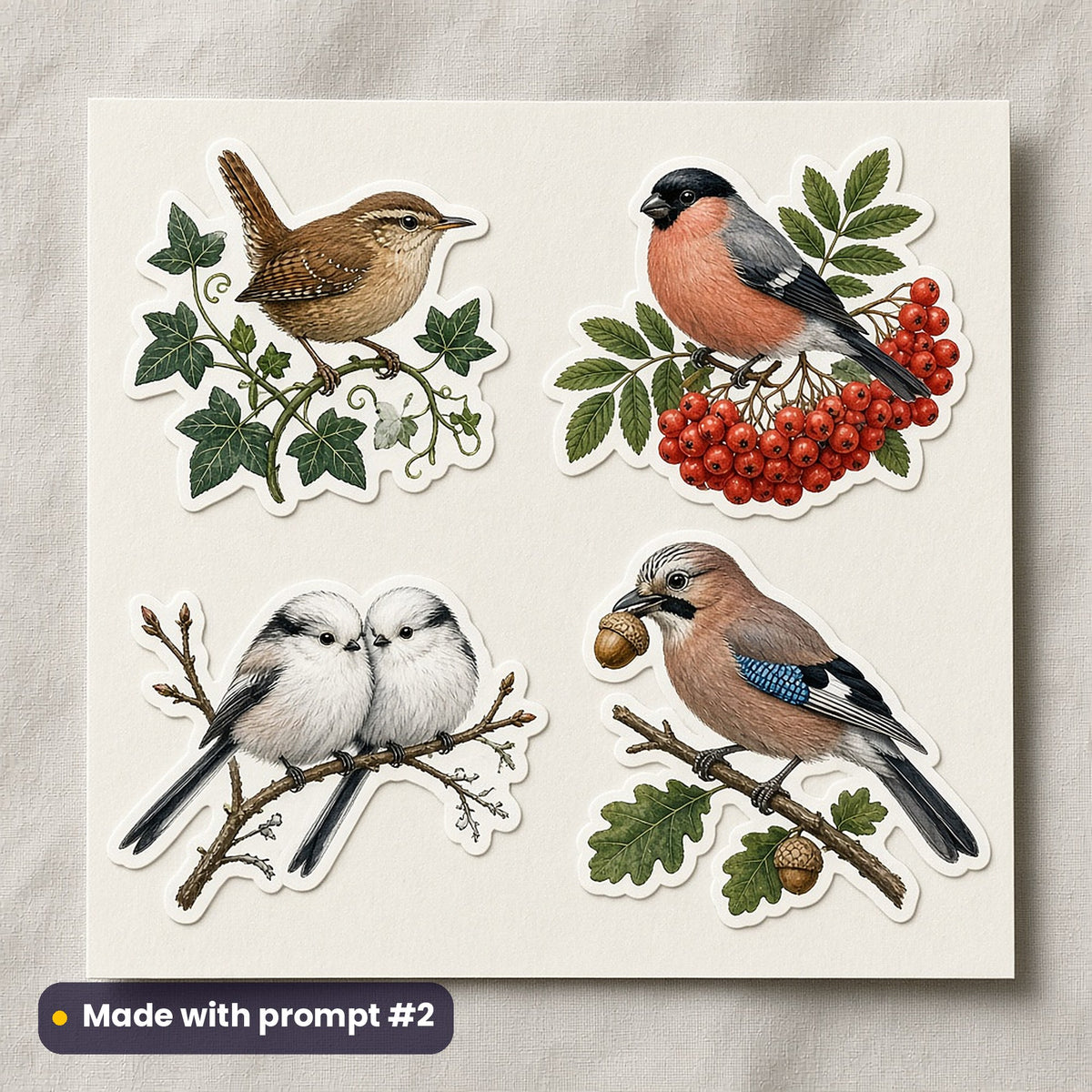 Woodland Christmas artwork on a die-cut vinyl sticker sheet: a sheet of four assets from page p02: forest birds, made with prompt #2 from this pack
