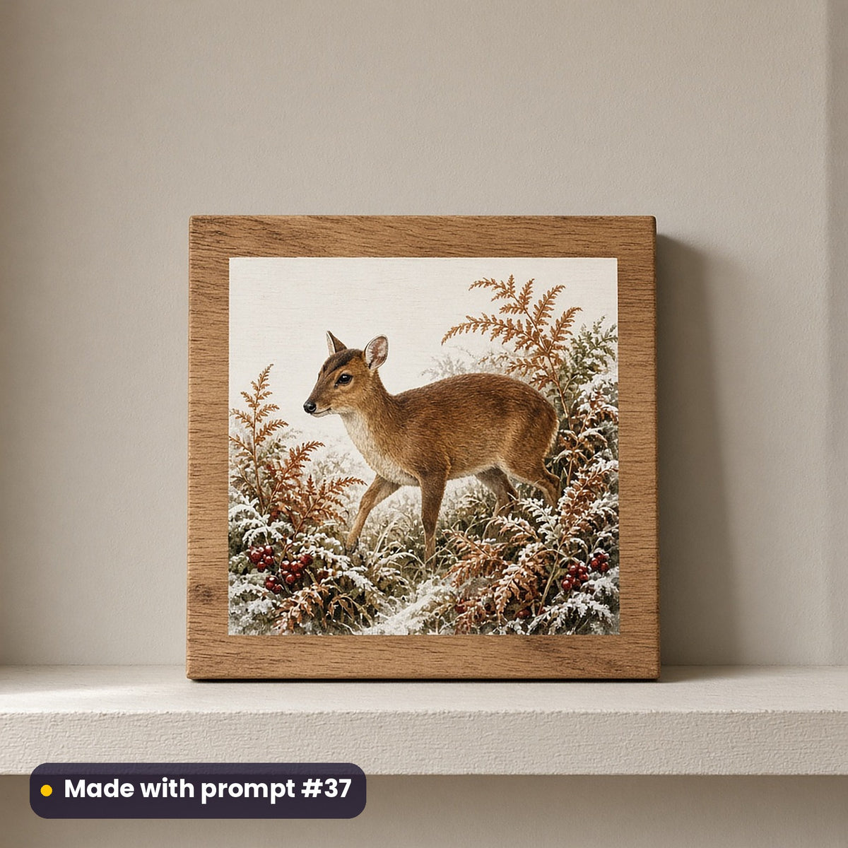 Woodland Christmas artwork on a UV-printed wooden plaque: muntjac in bracken, made with prompt #37 from this pack