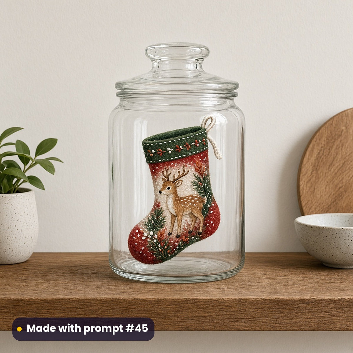 Woodland Christmas artwork on a UV DTF decal on a glass jar: woodland stocking, made with prompt #45 from this pack