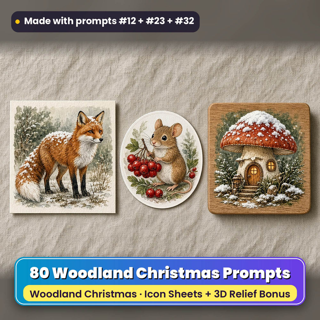 Woodland Christmas Icon Sheet Prompts: 80 prompts + 3D Relief bonus, with a printed greeting card, sticker and wooden plaque made with prompts #12, #23 and #32