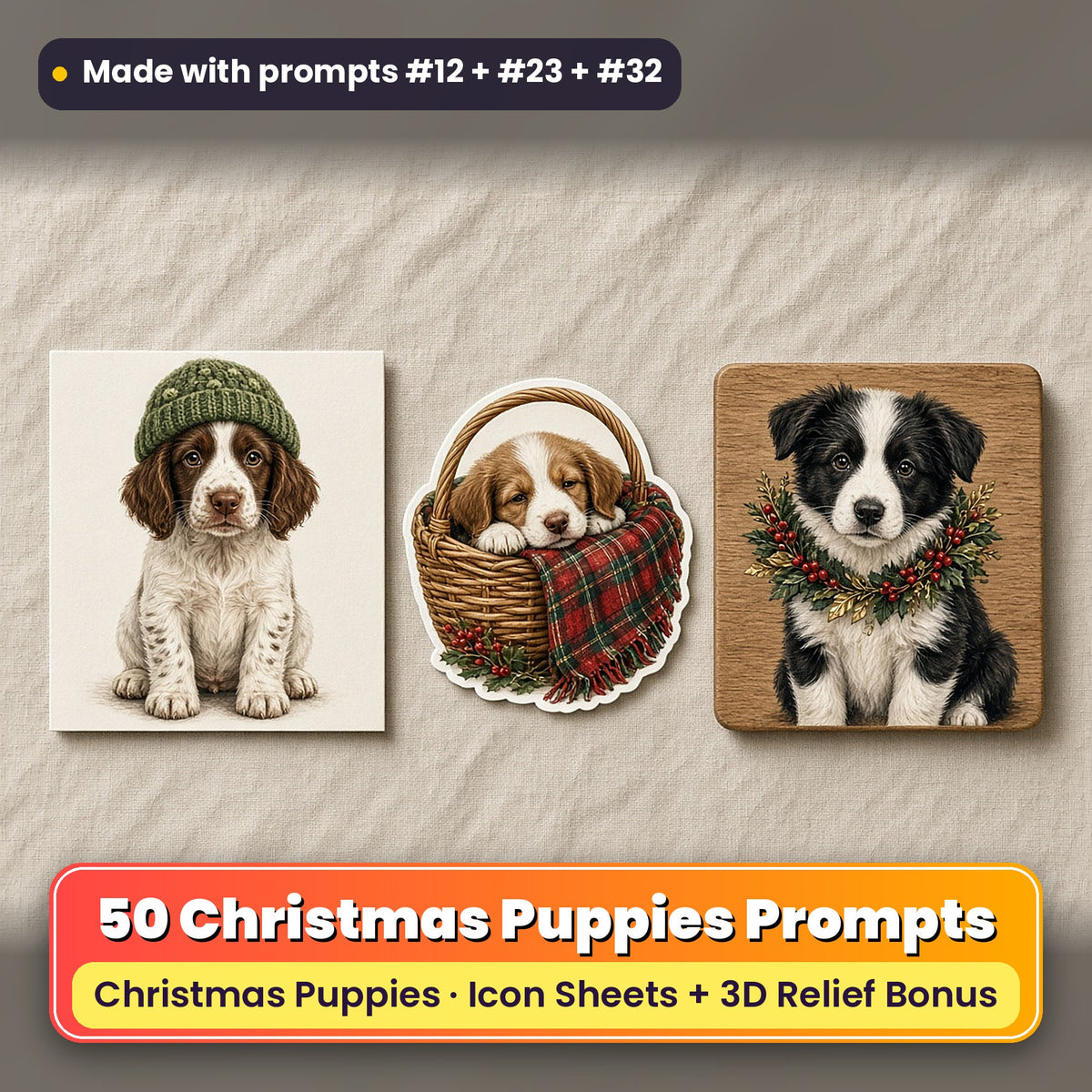 Christmas Puppies Icon Sheet Prompts: 50 prompts + 3D Relief bonus, with a printed greeting card, sticker and wooden plaque made with prompts #12, #23 and #32