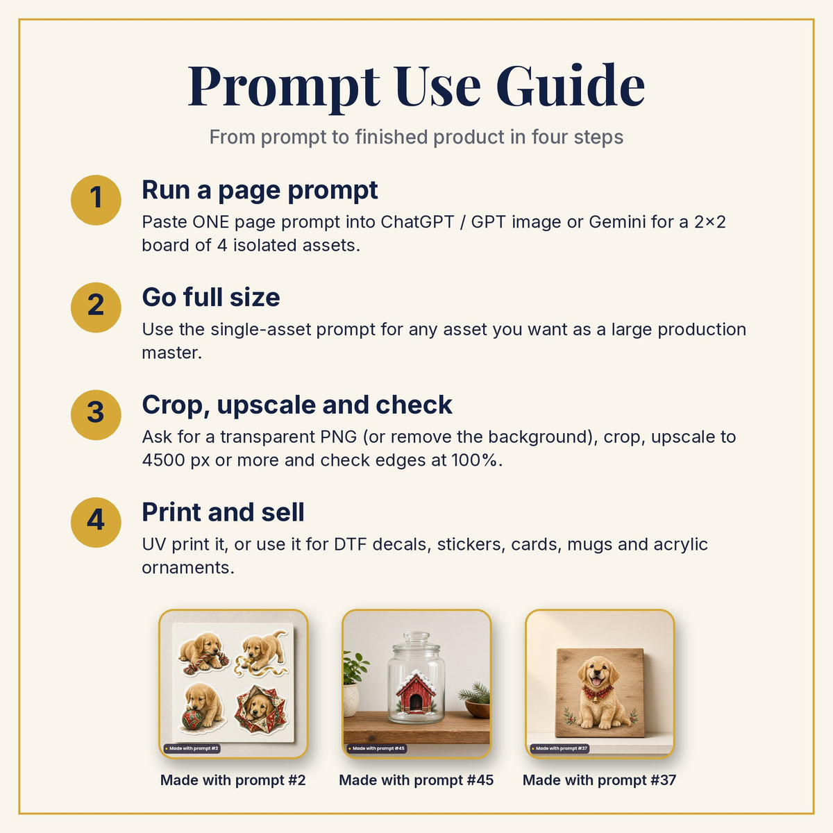 Prompt Use Guide: run a page prompt, go full size, crop and upscale, then print and sell, with products made with prompts #2, #45 and #37