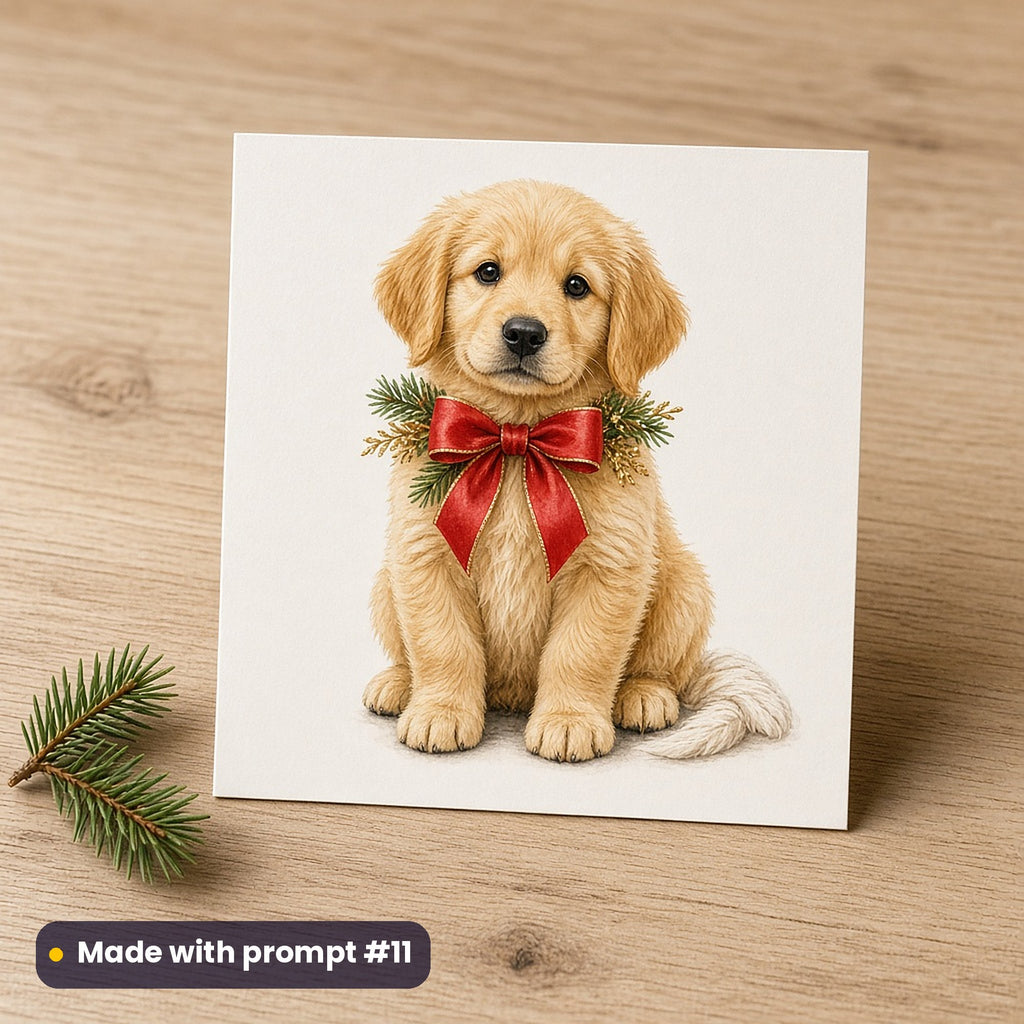Christmas Puppies artwork on a flat-printed greeting card: golden puppy with bow, made with prompt #11 from this pack