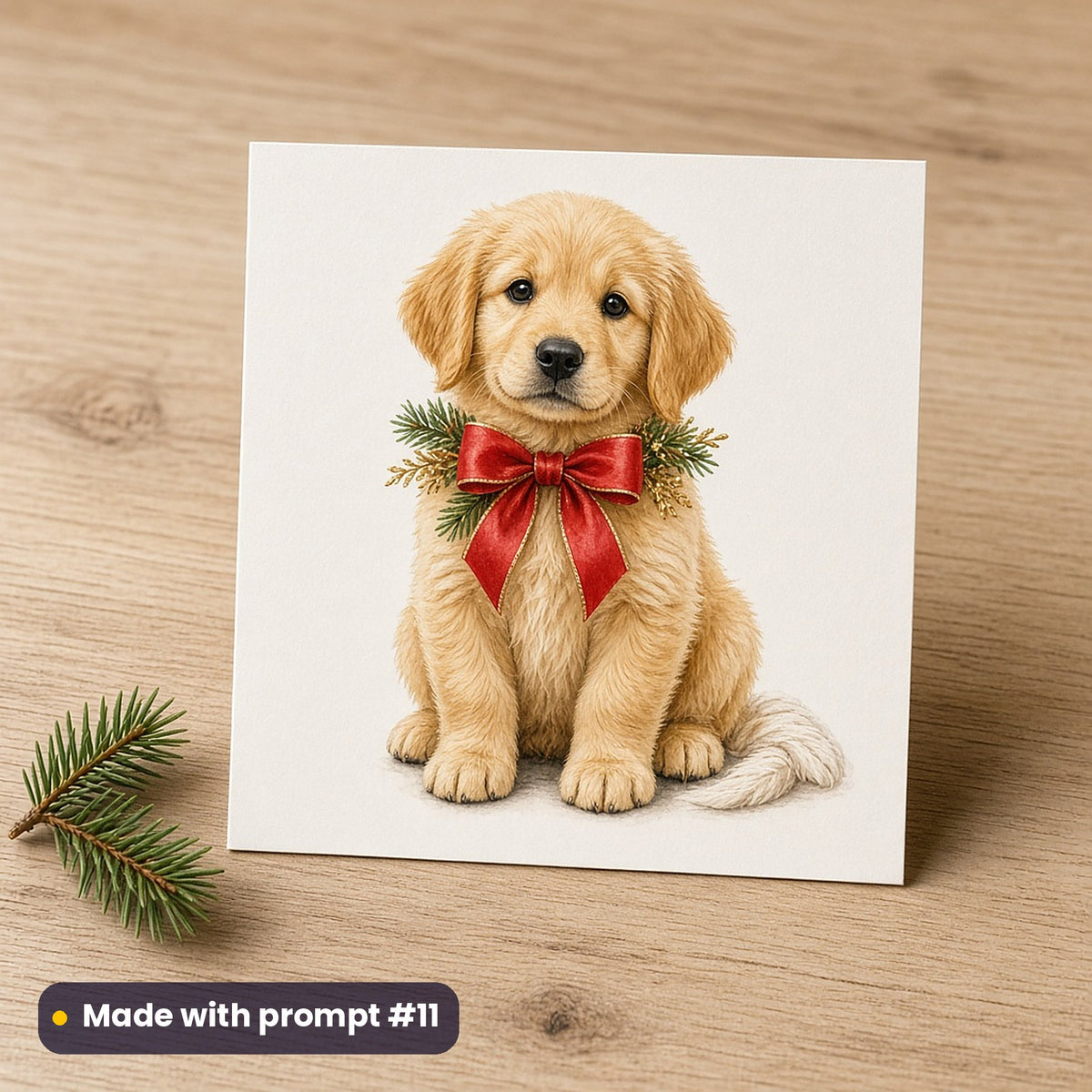 Christmas Puppies artwork on a flat-printed greeting card: golden puppy with bow, made with prompt #11 from this pack