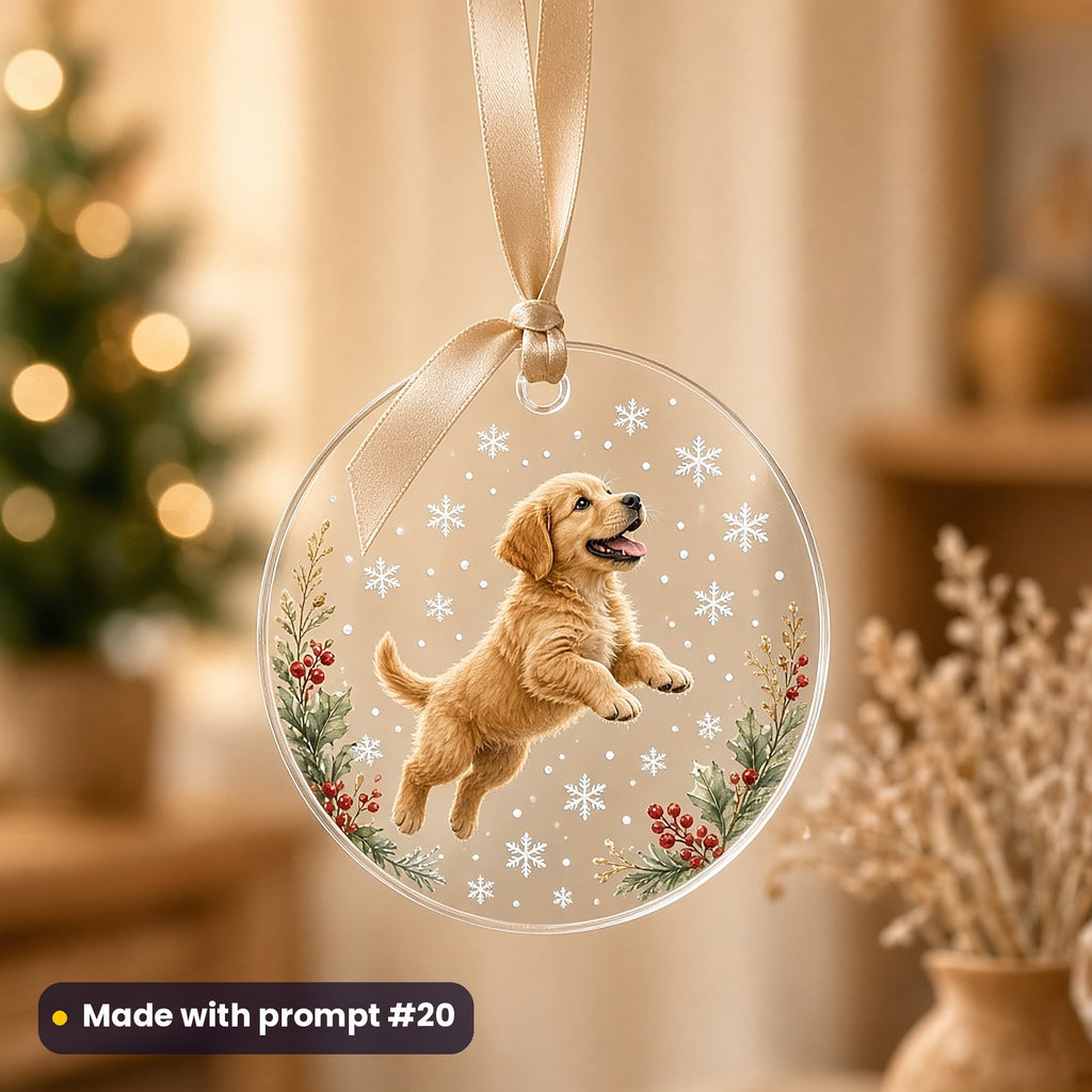 Christmas Puppies artwork on a UV-printed clear acrylic ornament: puppy catching snowflakes, made with prompt #20 from this pack