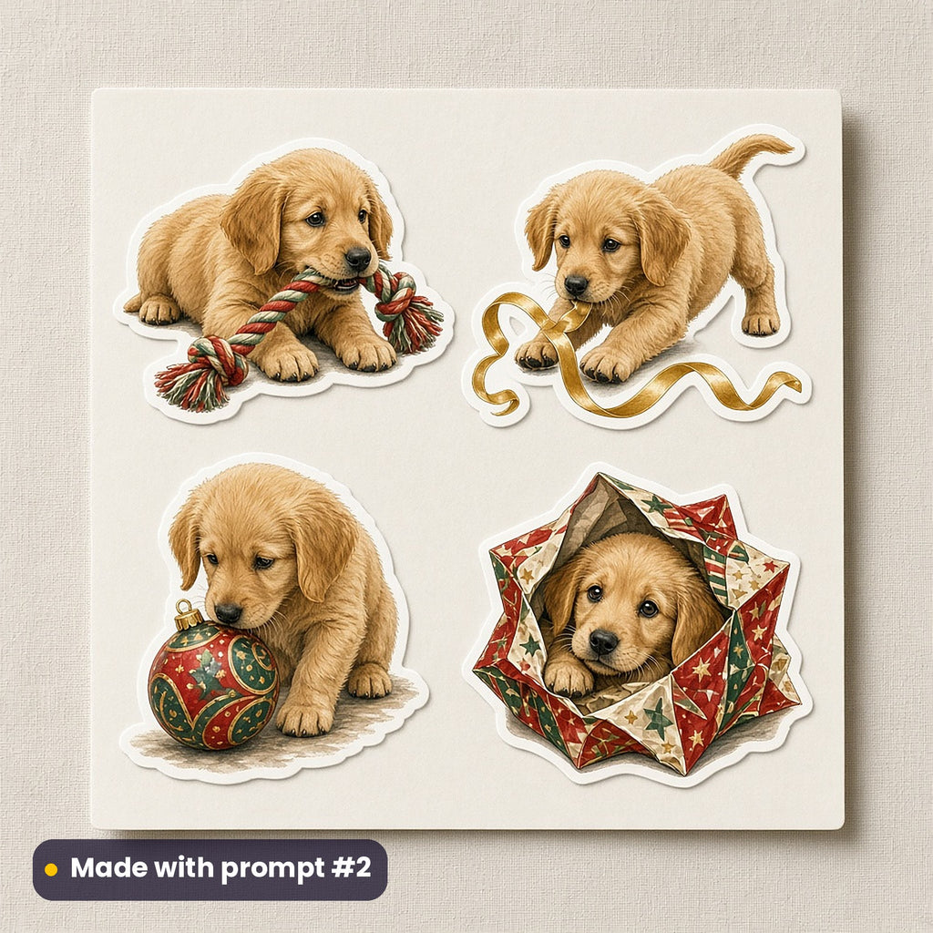 Christmas Puppies artwork on a die-cut vinyl sticker sheet: a sheet of four assets from page p02: playtime, made with prompt #2 from this pack
