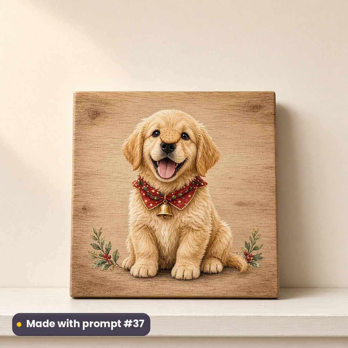 Christmas Puppies artwork on a UV-printed wooden plaque: puppy with cookie, made with prompt #37 from this pack