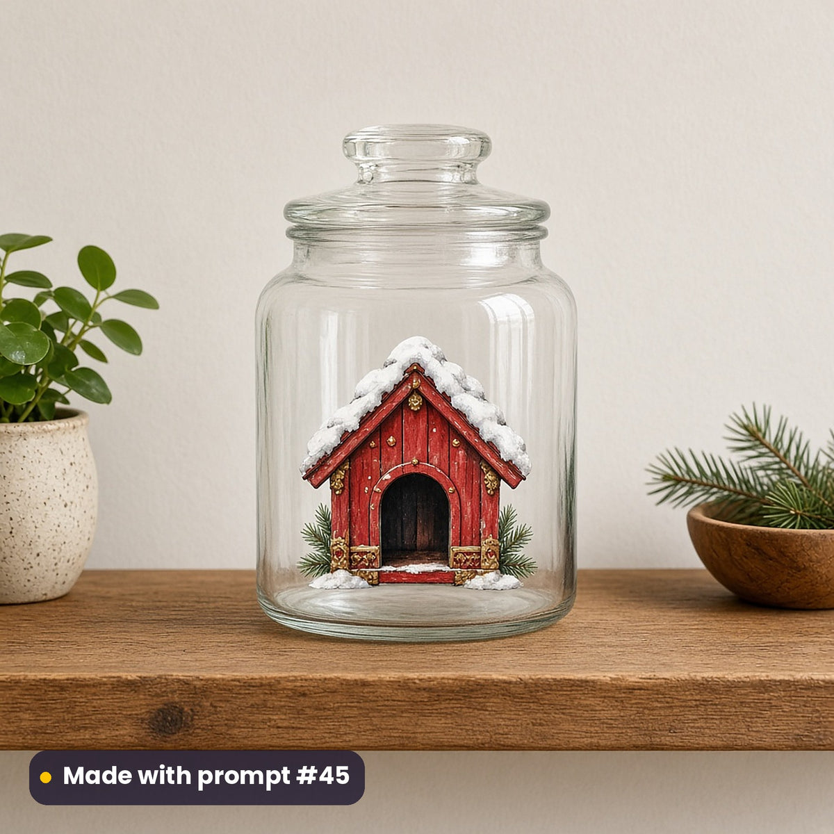 Christmas Puppies artwork on a UV DTF decal on a glass jar: dog house ornament, made with prompt #45 from this pack