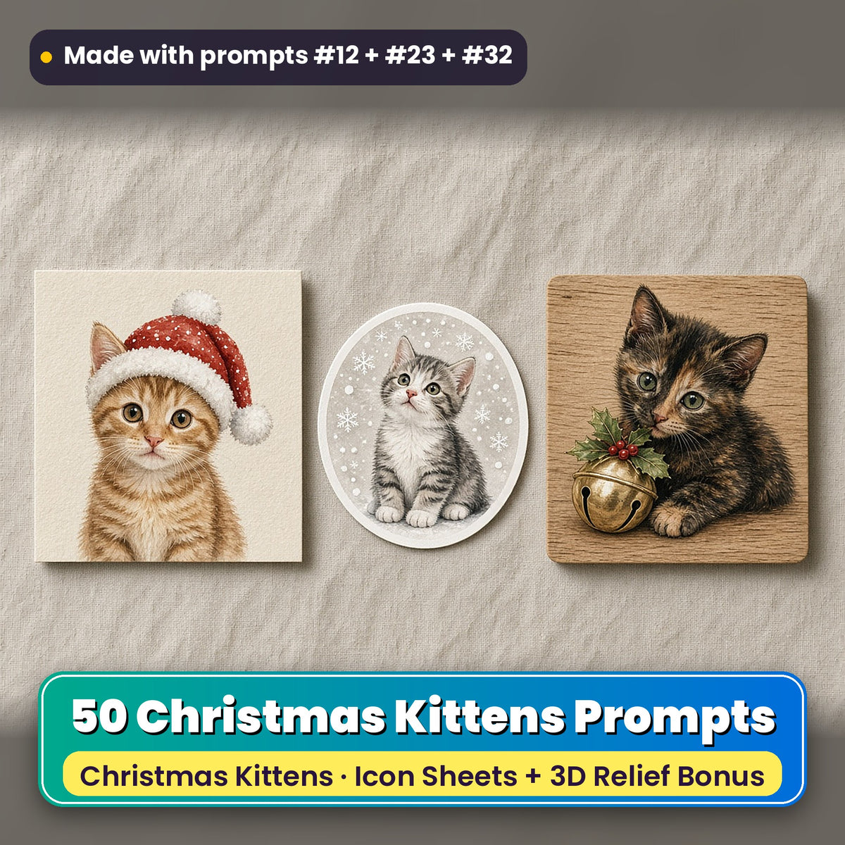 Christmas Kittens Icon Sheet Prompts: 50 prompts + 3D Relief bonus, with a printed greeting card, sticker and wooden plaque made with prompts #12, #23 and #32