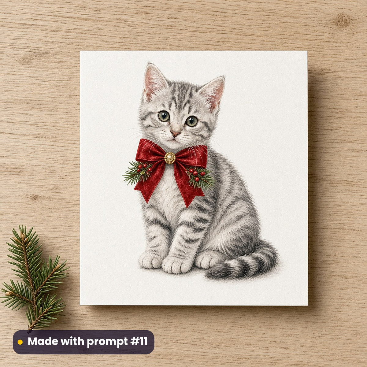 Christmas Kittens artwork on a flat-printed greeting card: tabby kitten with bow, made with prompt #11 from this pack
