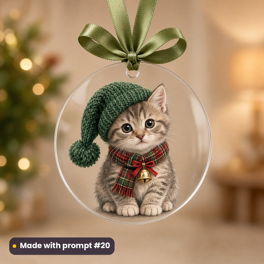 Christmas Kittens artwork on a UV-printed clear acrylic ornament: kitten in a knitted hat, made with prompt #20 from this pack