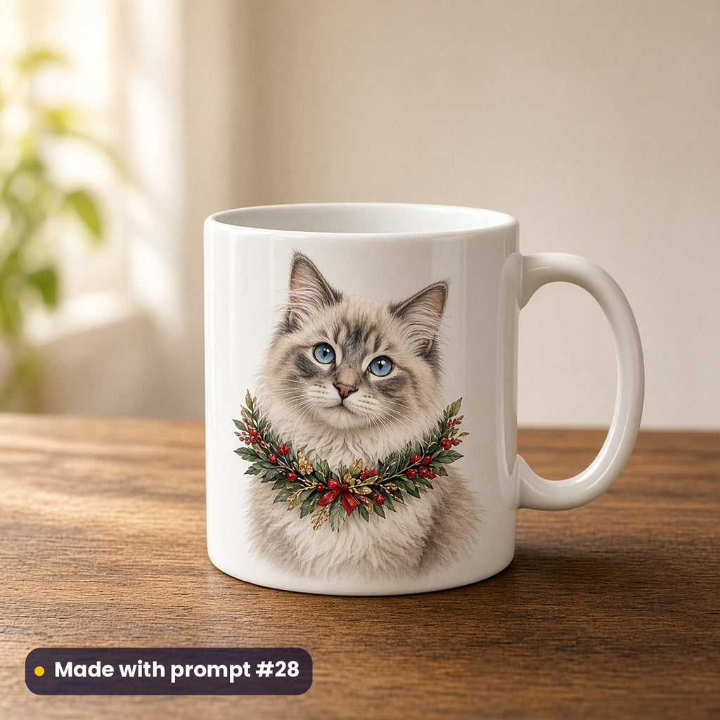 Christmas Kittens artwork on a UV-printed ceramic mug: ragdoll kitten with wreath, made with prompt #28 from this pack