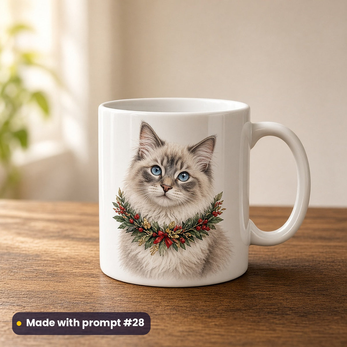 Christmas Kittens artwork on a UV-printed ceramic mug: ragdoll kitten with wreath, made with prompt #28 from this pack