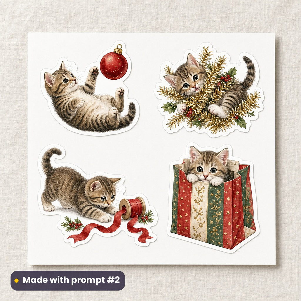 Christmas Kittens artwork on a die-cut vinyl sticker sheet: a sheet of four assets from page p02: mischief, made with prompt #2 from this pack