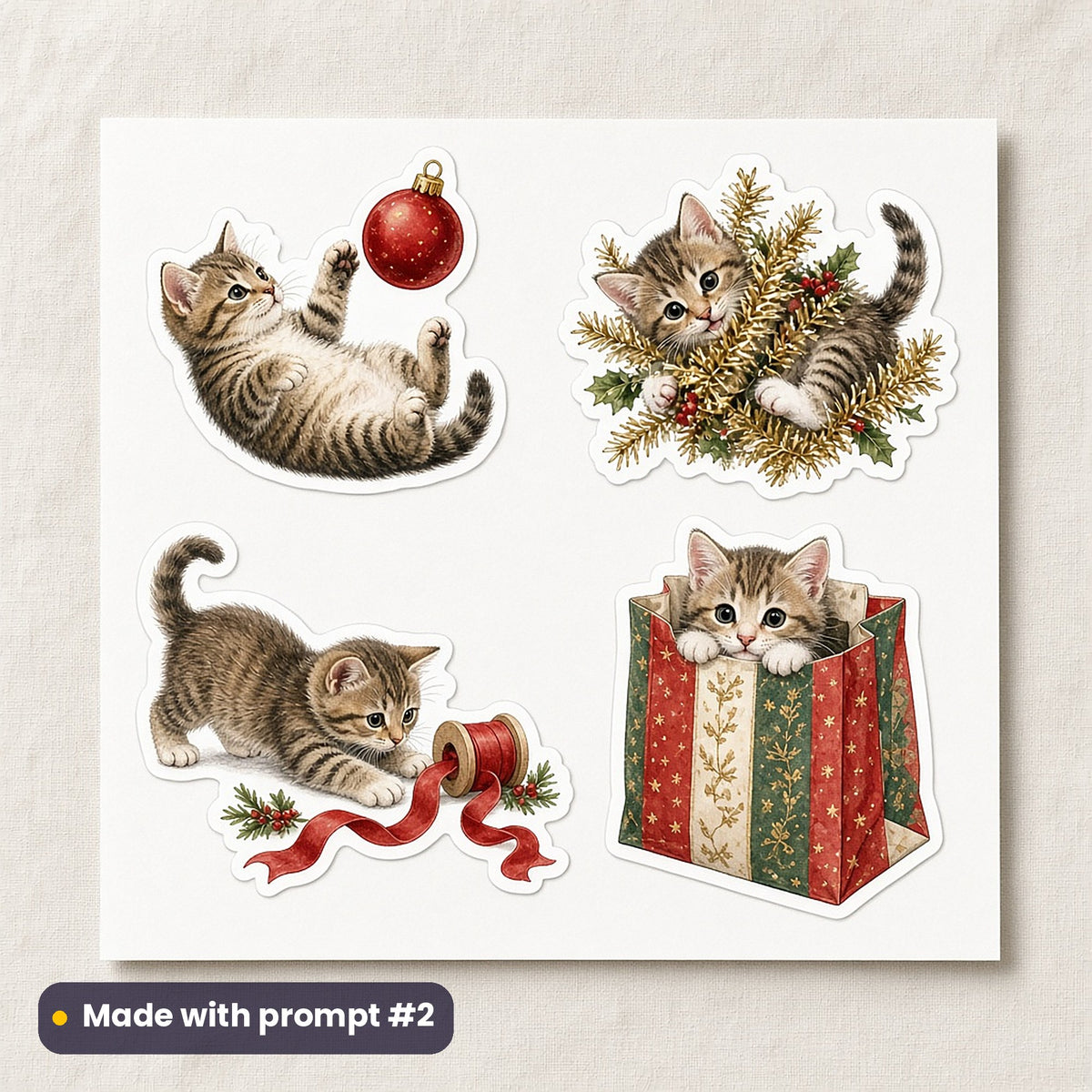 Christmas Kittens artwork on a die-cut vinyl sticker sheet: a sheet of four assets from page p02: mischief, made with prompt #2 from this pack