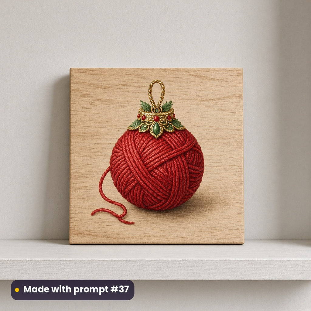 Christmas Kittens artwork on a UV-printed wooden plaque: yarn ball bauble, made with prompt #37 from this pack