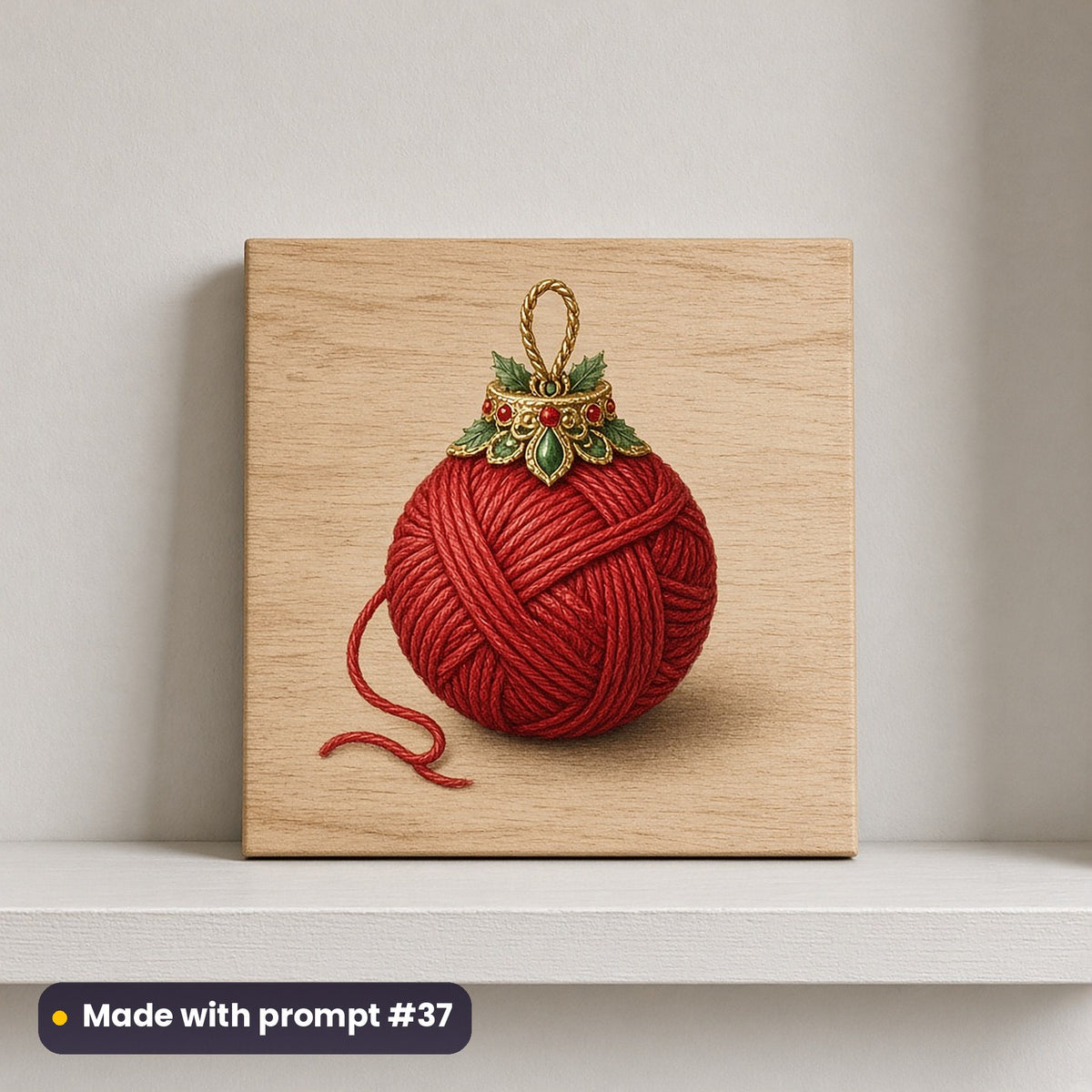 Christmas Kittens artwork on a UV-printed wooden plaque: yarn ball bauble, made with prompt #37 from this pack