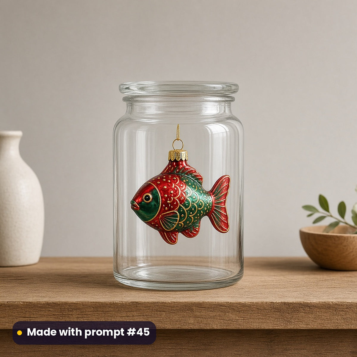 Christmas Kittens artwork on a UV DTF decal on a glass jar: fish bauble, made with prompt #45 from this pack