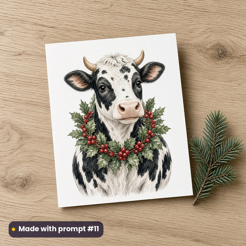 Farmyard Christmas artwork on a flat-printed greeting card: festive cow, made with prompt #11 from this pack