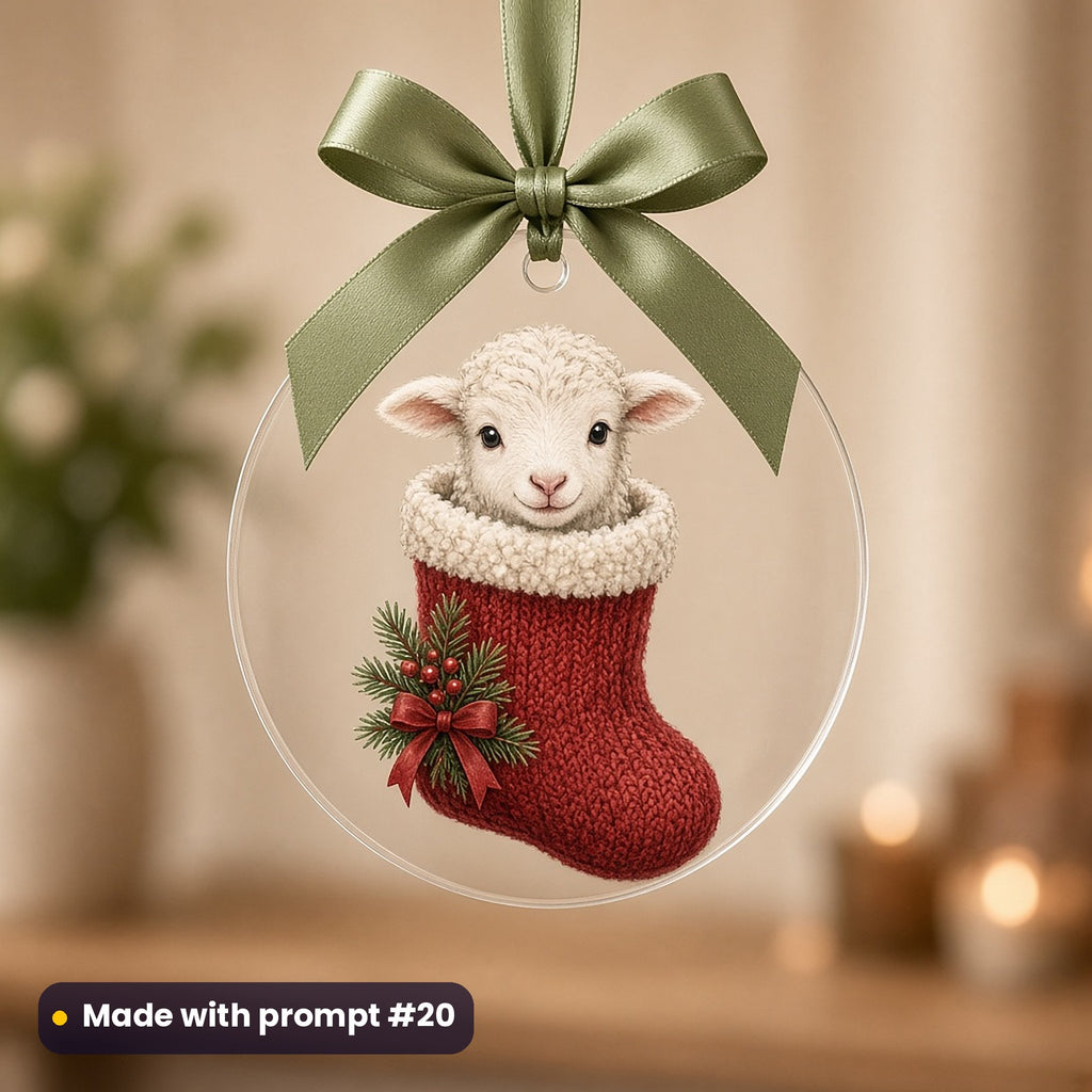 Farmyard Christmas artwork on a UV-printed clear acrylic ornament: lamb in a stocking, made with prompt #20 from this pack