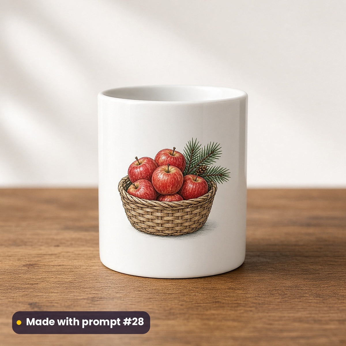 Farmyard Christmas artwork on a UV-printed ceramic mug: apple basket, made with prompt #28 from this pack