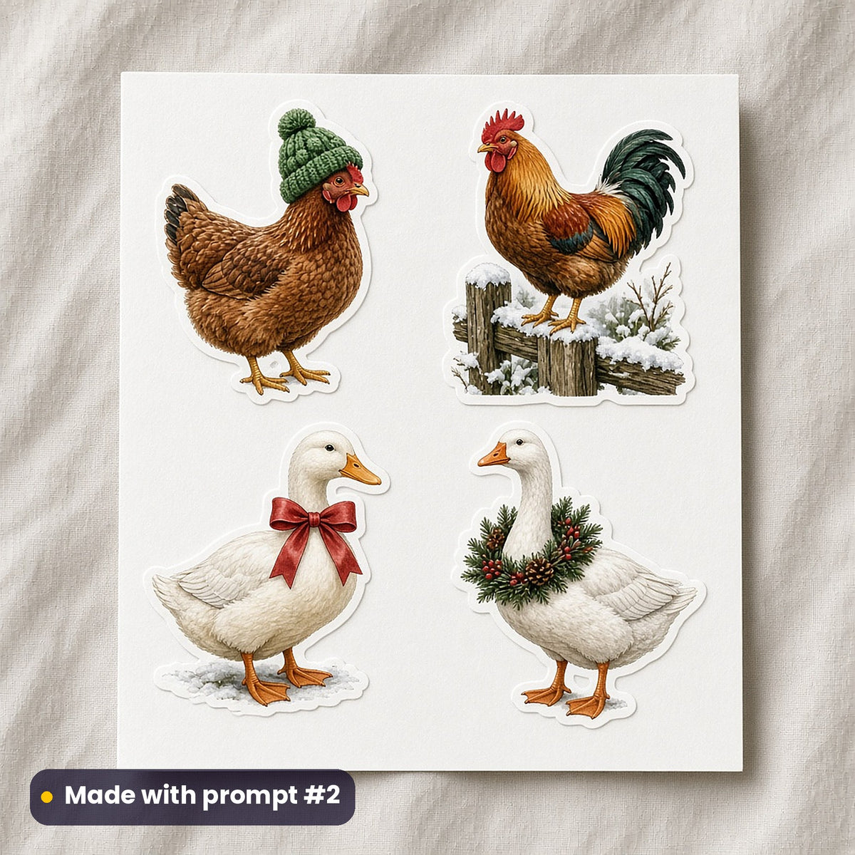 Farmyard Christmas artwork on a die-cut vinyl sticker sheet: a sheet of four assets from page p02: feathered friends, made with prompt #2 from this pack
