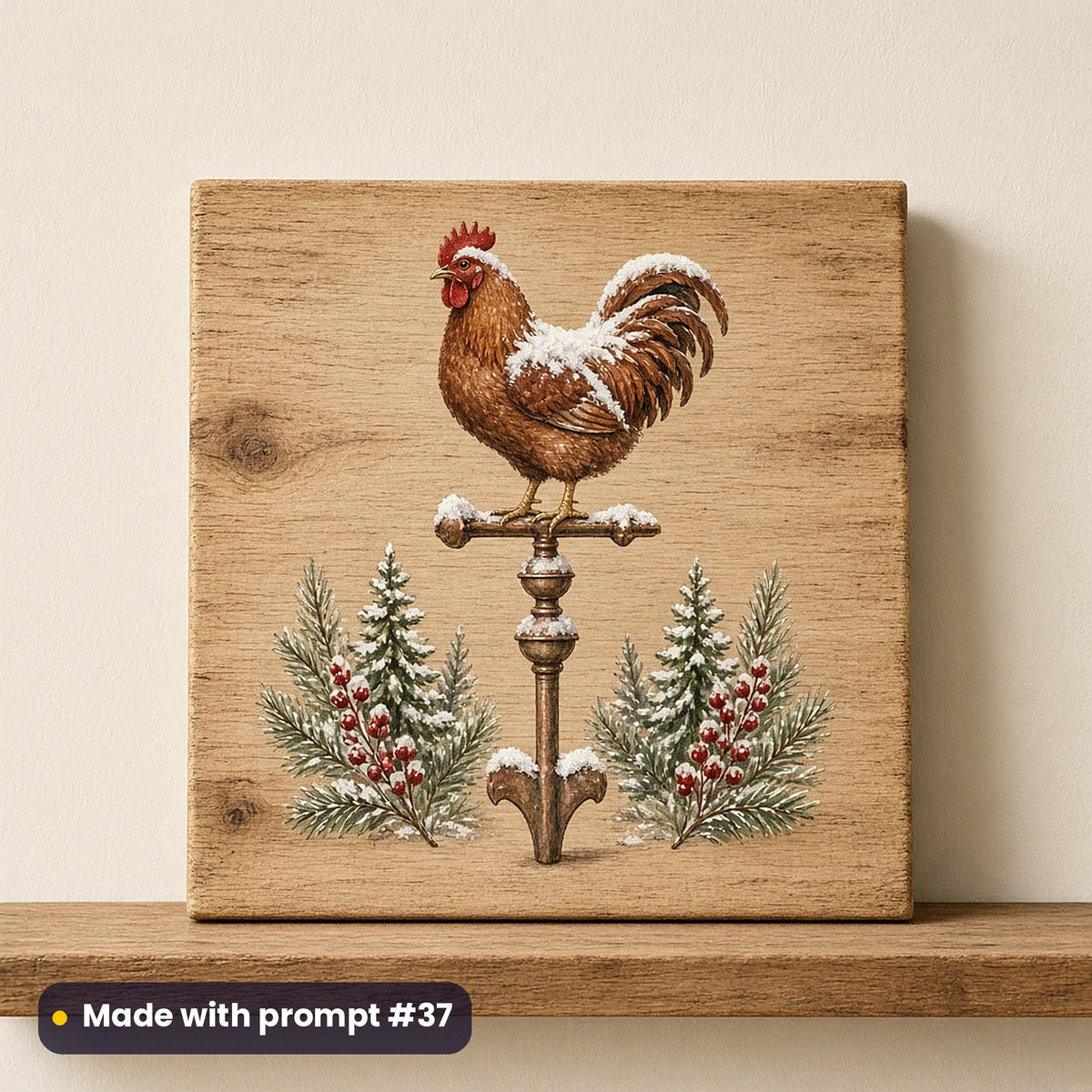 Farmyard Christmas artwork on a UV-printed wooden plaque: weather vane cockerel, made with prompt #37 from this pack