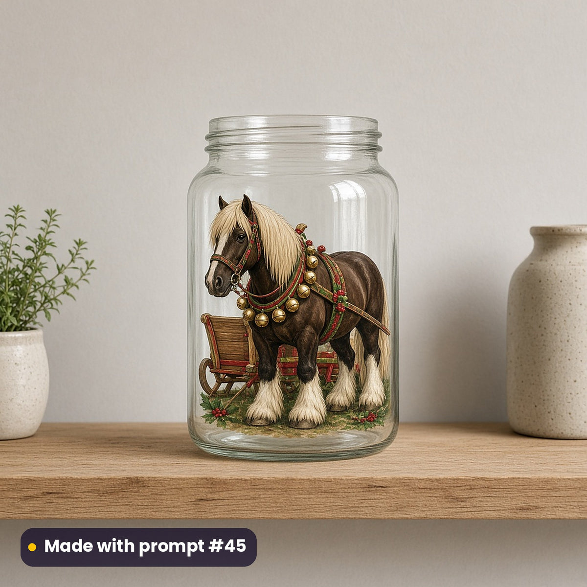 Farmyard Christmas artwork on a UV DTF decal on a glass jar: shire horse with bells, made with prompt #45 from this pack