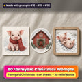 Farmyard Christmas Icon Sheet Prompts: 80 prompts + 3D Relief bonus, with a printed greeting card, sticker and wooden plaque made with prompts #12, #23 and #32