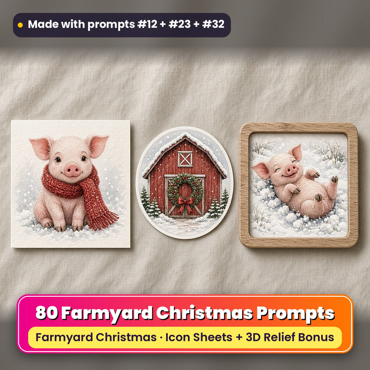 Farmyard Christmas Icon Sheet Prompts: 80 prompts + 3D Relief bonus, with a printed greeting card, sticker and wooden plaque made with prompts #12, #23 and #32