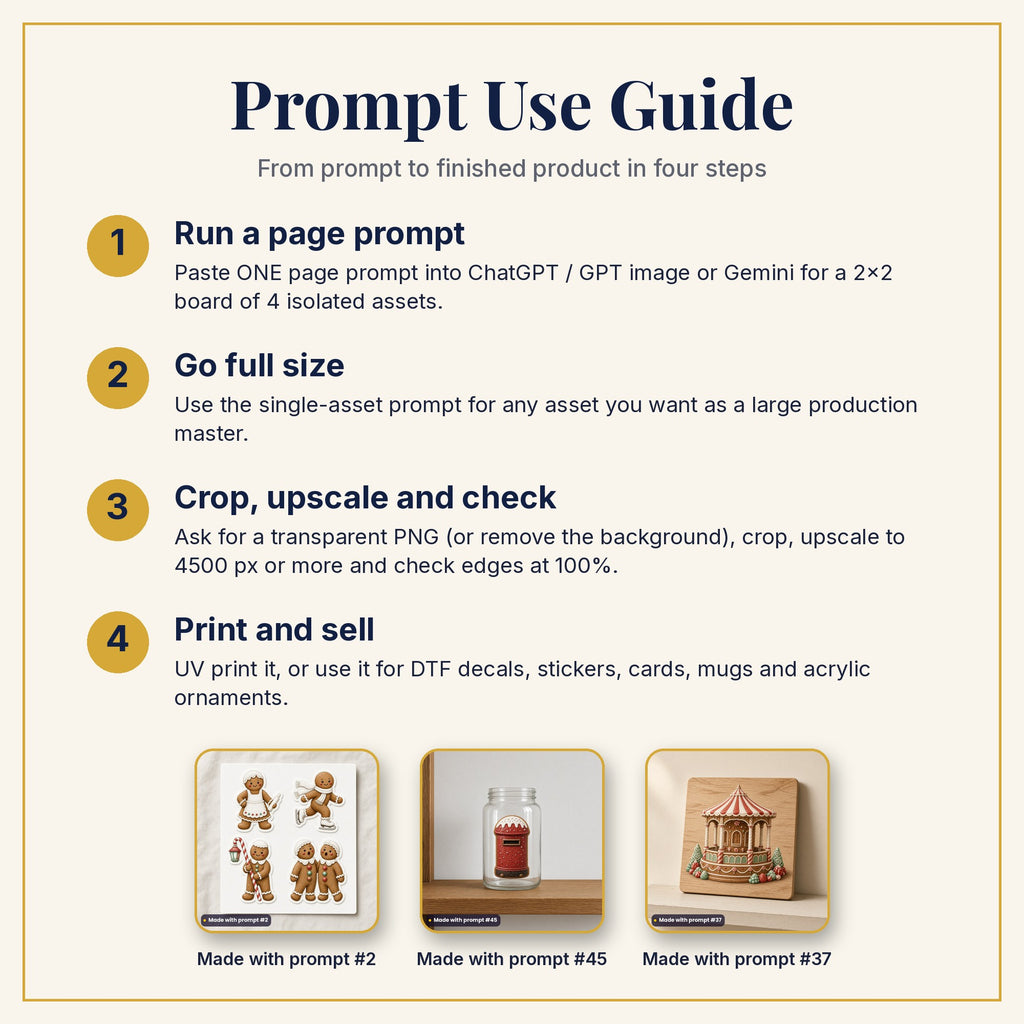 Prompt Use Guide: run a page prompt, go full size, crop and upscale, then print and sell, with products made with prompts #2, #45 and #37