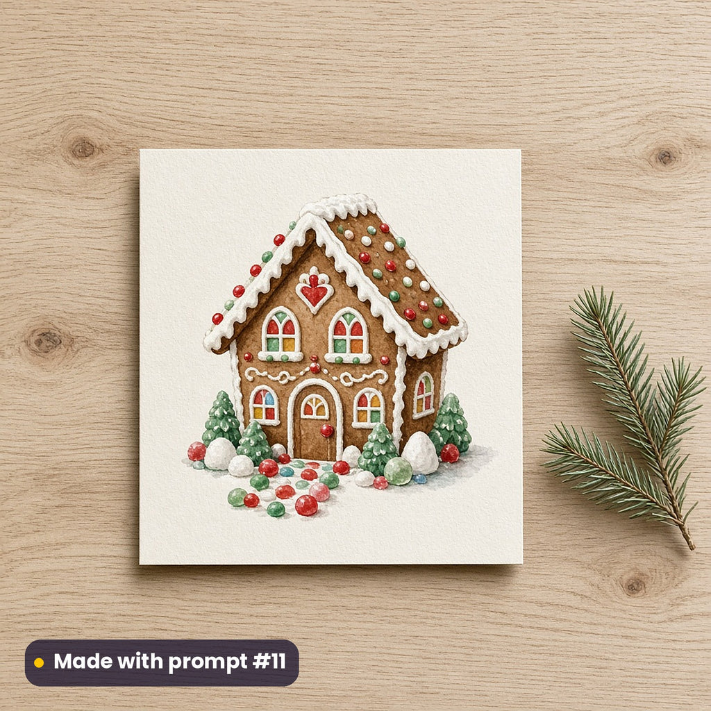 Gingerbread Village artwork on a flat-printed greeting card: gingerbread cottage, made with prompt #11 from this pack