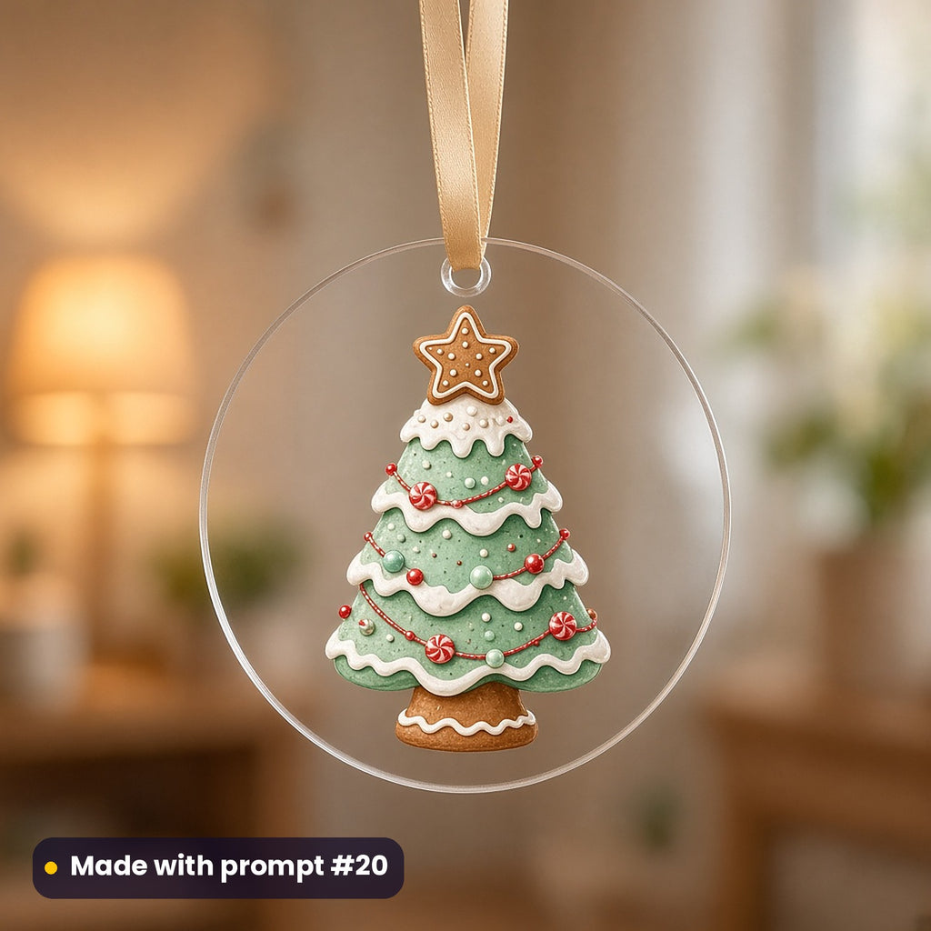Gingerbread Village artwork on a UV-printed clear acrylic ornament: gumdrop tree, made with prompt #20 from this pack